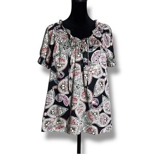 The Limited Chic Puff Short Sleeve Black with Paisley Print Relaxed Fit Blouse